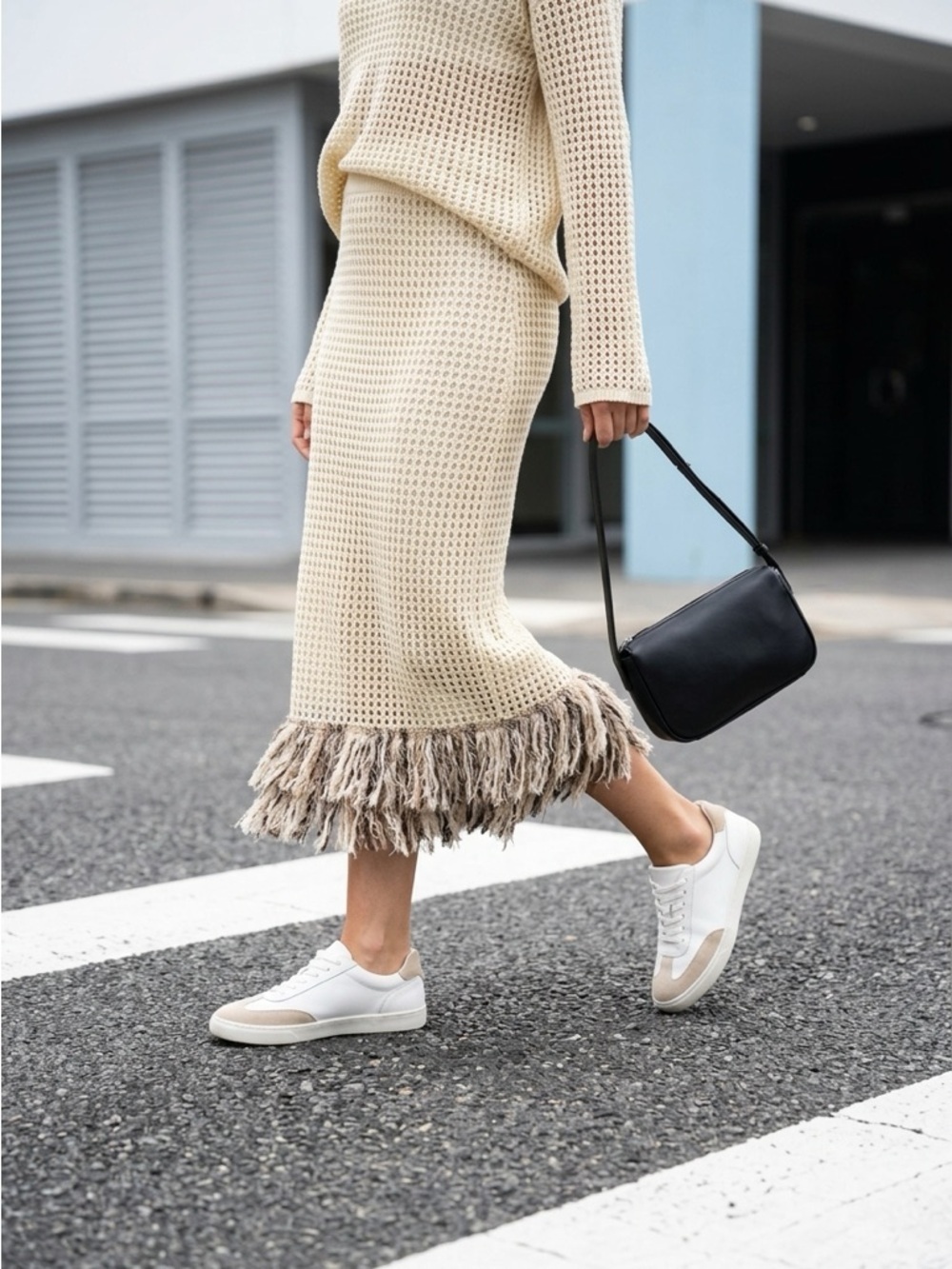 Zara Cream Knit Fringe Hem Skirt size Small Made in Maracco